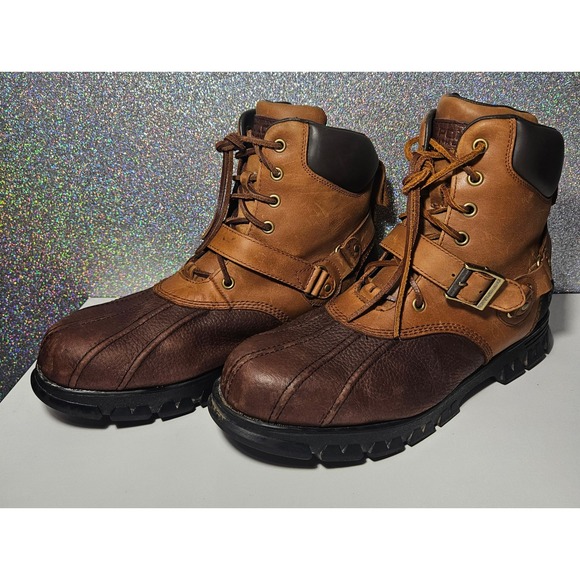 POLO Ralph Lauren Feltwell Men's Brown Leather Duck Boots 15D Buckle Strap 0862